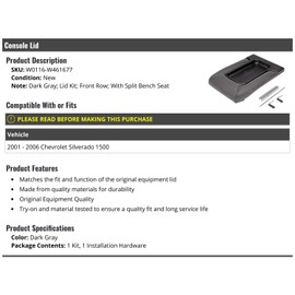 Marketplace Auto Parts, Console Lid - Dark Gray - Front Row - With Split Bench Seat - Compatible with 2001-2006 Chevy Silverado 1500