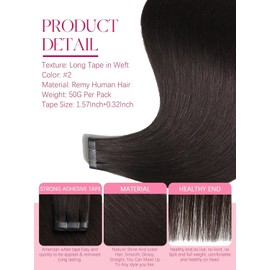 Lacer Long Tape in Hair Extensions Human Hair 18 Inch Wide Tape in Weft Extensions Darkest Brown Invisible Long Weft Hair Extensions Human Hair 50G 1Pcs