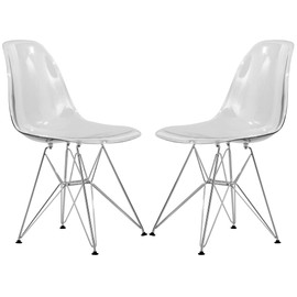 LeisureMod Acrylic Clear Dining Chairs with Chrome Eiffel Base and Curved Back Design - Ergonomic & Lightweight Accent Side Chairs for Mid-Century Home, Kitchen & Café, Set of 2