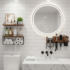 GODDGITT 3-Tier Bathroom Floating Shelves with Curling Iron Holder & Hair Tool Organizer, Wall Mounted Rustic Wood Storage Rack Over Toilet with Hair Dryer Holder for Bathroom Decor & Organization
