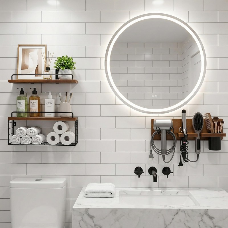 GODDGITT 3-Tier Bathroom Floating Shelves with Curling Iron Holder &