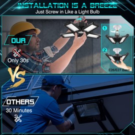 YIBEYYDS LED Garage Light - 160W 16000LM 6500K LED Garage Ceiling Lights, Screw in Shop Lighting 5+1 Deformable Panels for Attic, Basement, Workshop, E26/E27 (8)