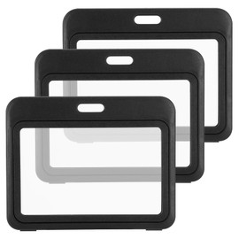 HonGien 3PCS ID Badge Holder with Double-Sided Windows Pass Holder Card Protector Pouch, for ID Card, Office, School,Employee Pass Holder (Black)