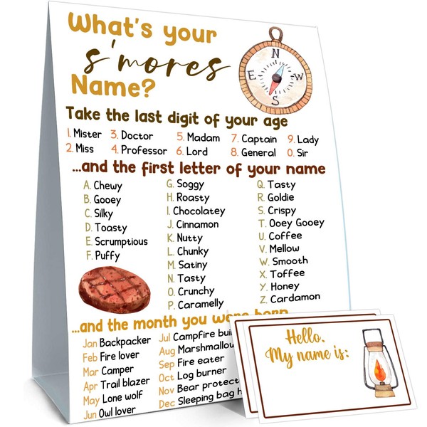 Juego de nombre de What's Your S'mores, juego de fiesta
