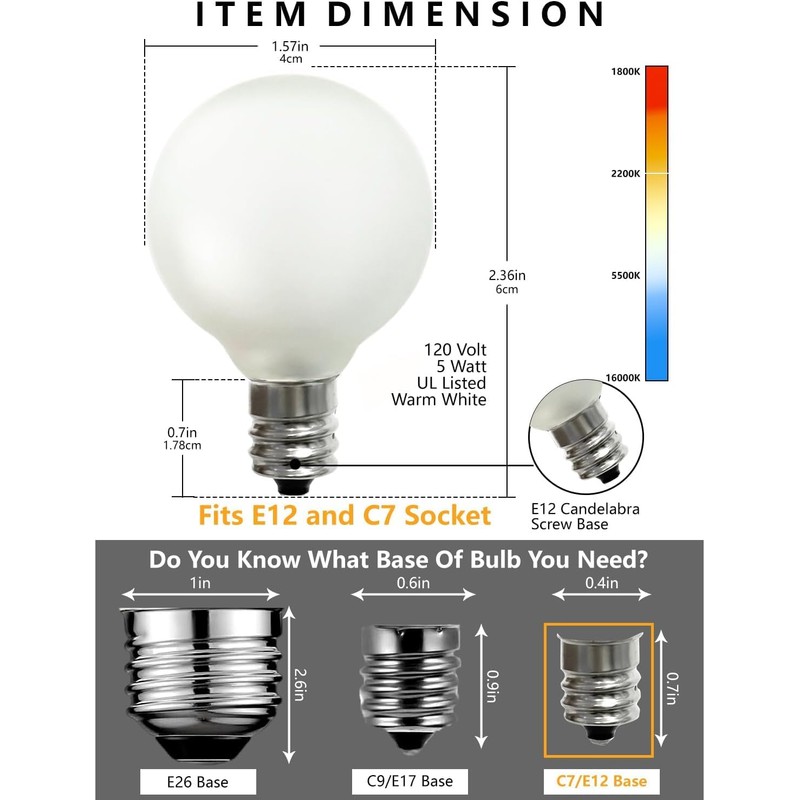 SUNSGNE G40 Globe Replacement Bulbs with Frosted White, 1.5 Inch