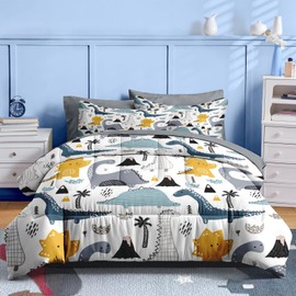 Nesker 5 Pcs Comforter Set Twin Size, Cute Dinosaur Dino Bedding for Kids Teen, Blue Yellow Dragon Bed Sheet with Pillowcase & Sham for Bedroom Bed Decor