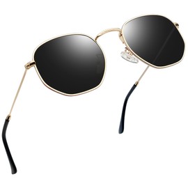 Joopin Trendy Square Sunglasses Polarised UV Protection, Black Hexagonal Sun Glasses Women, Thin Gold Frame Shades for Men Flat Lens(Gold Black)