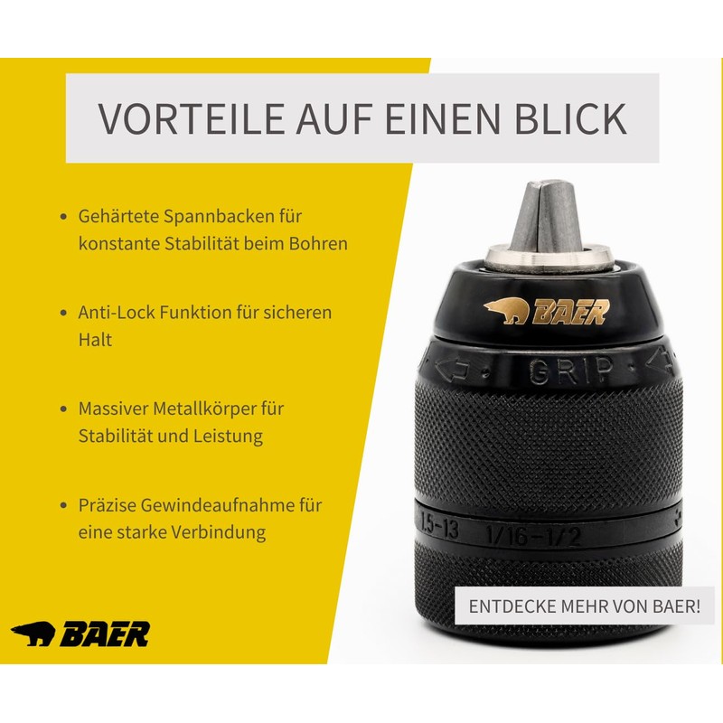 BaerCoil BAER Multi Keyless Chuck 1.5-13.0mm 1/2-20UNF Drill Chuck Drill