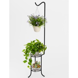 2 Tier Hanging Plant Stand,76 Inch Tall Corner Metal Plant Stands with Shepherd's Hook,Sturdy Flower Pot Stand for Indoor and Outdoor Use,Heavy Duty Garden Selft Plant Holders for Living Room,Balcony,Patio