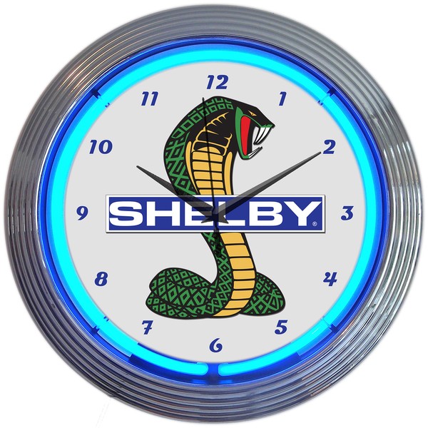 Ford OLP Shelby Cobra Mustang Blue Neon Clock 15 Inch Diameter with Chrome Finish Rim – 8SHLBY