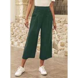 Dokotoo Lady Wide Legs Suit Pants Boho Palazzo Summer 2024 Flowy Trousers Zipper Up Back High Waisted 2024 Capri Loose Cute Culottes with Pockets,Moss Green Medium