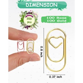 200 Pcs Gold Love Heart Shaped Paper Clips, 0.8inch Small Paper Clips for Funny, Small Mini Paperclips Paper Clamps for Office School Home Desk Organizer（100 Gold,100 Rose）