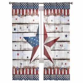 TSRSUNFLOWER 4th of July Sheer Window Curtains, American Flag Patriotic Star Wood Grain Curtain Drapes Rod Pocket Voile Window Treatment for Living Room Bedroom 52" W x 84" L Inch, Set of 2 Panels