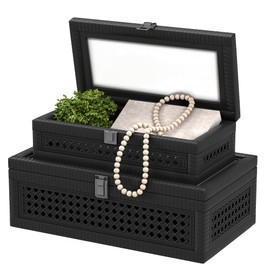 Fllamo Rattan Decorative Box,Boho Display Boxes with Lids,Set of 2 Rectangular Wicker Storage Decoration,Natural Woven Cane Bins for Home Decor for Rustic Farmhouse(Black)