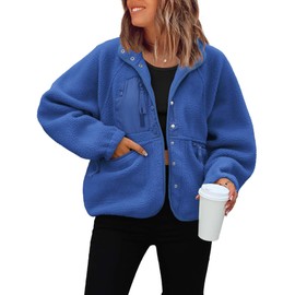 ReachMe Womens Sherpa Jacket Casual Lapel Button Down Cropped Fuzzy Fleece Jackets Long Sleeve Winter Coats with Pockets(4 Royal Blue,M)