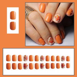 RIICFDD Fall Press on Nails Short Square Fake Nails Orange False Nails Gold Maple Leaf Glue on Nails Artificial Glossy Full Cover Reusable Acrylic Nails for Women Girls Thanksgiving Nails 24 Pcs