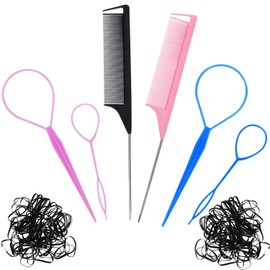 Acooruiteng Topsy Tail Hair Tool Hair Braiding Tool Hair Pull Through Tool Topsy Tail Loop Topsy Tail Kit French Braid Loop Tool Hair Loop Styling Tool with Rat Tail Comb and Rubber Bands(6 Pcs)