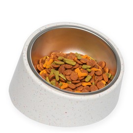 Bzyoo 2 Cup Tilted Dog Bowl for Small Dogs & Cats, Stylish Sprinkle Design, Elevated, Stainless Steel 16oz Inner Bowl, Non-Skid, Reduce Spillage, BPA-Free, Dishwasher Safe Color:White