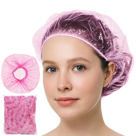 50PCS Disposable Shower Caps,Waterproof Hair Caps,Multi-Purpose Thickened Plastic Elastic Bath Caps for Women, Home Use,Hair Salon, Spa, Travel, Hotel, Shower - Pink