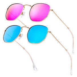KALIYADI Sunglasses for Women and Men, Polarized Square UV Protection, Trendy Metal Frame Hexagon Sunglasses (2 Packs Blue&Pink)