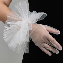 AWOCAN Women's Ruffled Tulle Mesh Gloves - Wedding, Bridal, Tea Party, Dance - Wrist Length (WHITE-1)