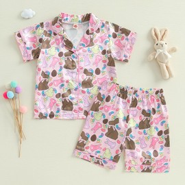 Girls Easter Satin Silk Pajama Set Rabbit Print Short Sleeve Button Tops Shorts Sleepwear Summer Outfit (D-Pink, 2-3 Years)