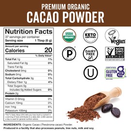 Viva Naturals Organic Cacao Powder, 8 oz - Unsweetened Cocoa Powder With Rich Dark Chocolate Flavor, Perfect for Baking & Smoothies - Certified Vegan, Keto & Paleo, Non-GMO & Gluten-Free, 227 g