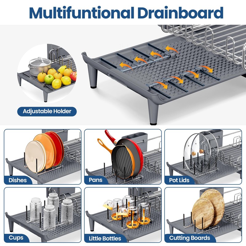 NTD Expandable Dish Drying Rack for Kitchen Counter, 16.7"-26.8", Gray