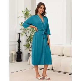 Ekouaer Robes for Wome Lightweight Knit Kimono Robe Full Length Bathrobe Casual Soft Loungewear with Pockets(Turquoise, Large)