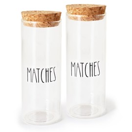 Set of 2 Farmhouse Match Holder with Strikers and Cork Lid, Glass Cute Match Jar for Home Decor, Matches Not Included (5 inch x 1.8 inch)