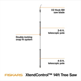 Fiskars XtendControl 14' Extendable Tree Pruner, Adjustable Pole Saw Branch Trimmer with 15" X2 Hook Bill Saw, 3-6' & 4-8' Extension Poles, and Secure Locking System for Precision Cutting