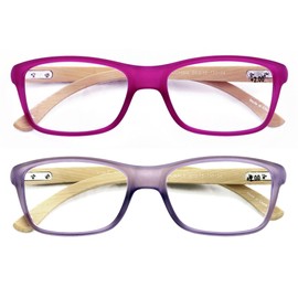 V.W.E. 2 Pairs Geniune Bamboo Women Reading Glasses - Fun Color Clear Lens Reader 7015 (1 Purple 1 Lavender, 2.25, multiplier_x)