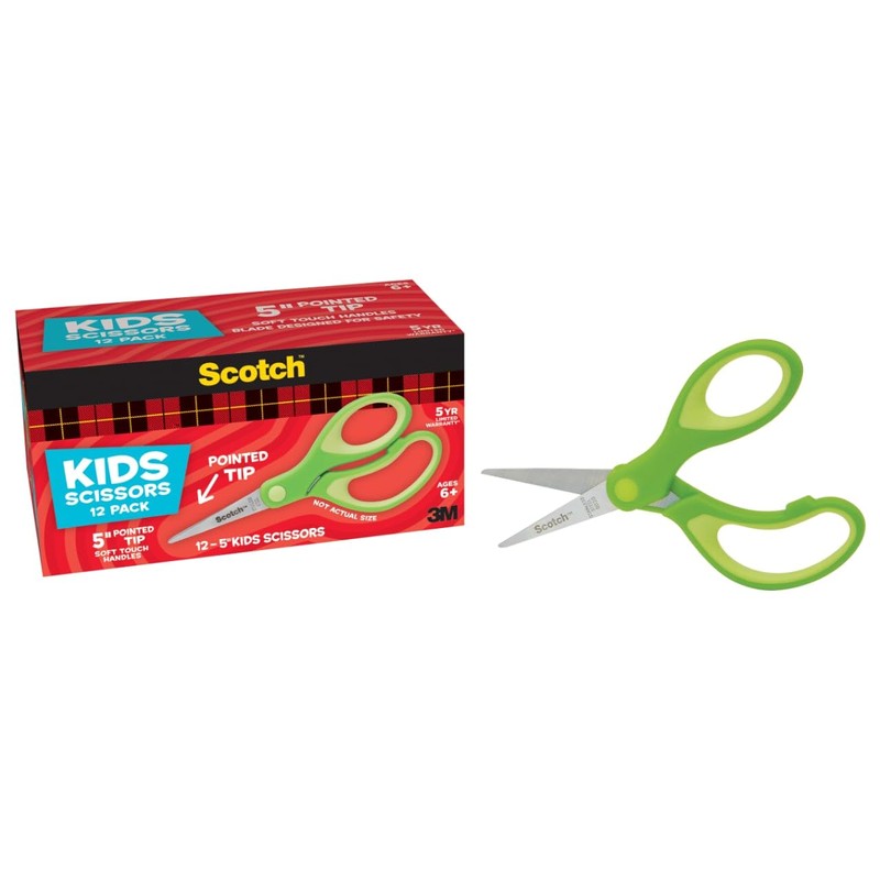 Scotch 5" Soft Touch Pointed Tip Kids Scissors, 12 Count