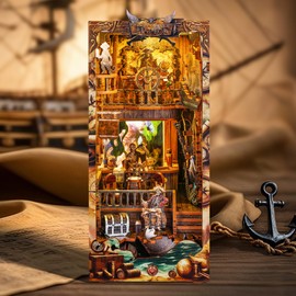 FUNPOLA 3D Wood Puzzle Book Nook Kit, Pirate Bookshelf Insert with LED Lights, DIY Pirate Miniature Bookend Décor for Display, Unique Craft Gift for Adults and Teens (New World)