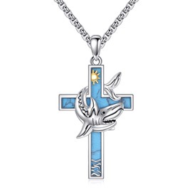 ANGSAU Shark Necklace S925 Sterling Silver Shark Cross Pendant Necklace Ocean Animal Turquoise Jewelry Gifts For Women Men