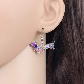 DOWAY Enamel Alloy Floral Dachshund Dog Earrings Dangle Drop Fashion Pet Jewelry for Women Girls Charm Party Gifts (Purple)