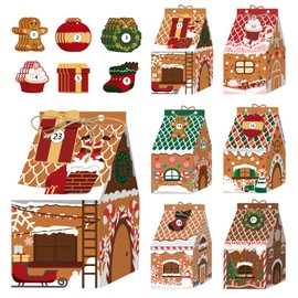 DTESL 24Pcs Christmas Candies Treats Boxes,Cards With Numbers 1-24，Candy Gingerbread House Mini Christmas Party Favor Box Small Paperboard Christmas Gift Christmas Boxes For Snacks With Tags (A)