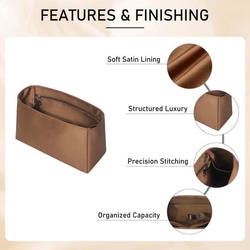 Satin Purse Organizer Insert for Hermes Birkin 30 Bag, Brown