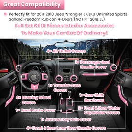 E-cowlboy 18 PCS Full Set Interior Decoration Trim Kit Steering Wheel Center Console Door Handle Air Conditioning Vent Cup Holder Gear Cover Trim for Jeep Wrangler JK JKU 2011-2018 4-Door (Pink)