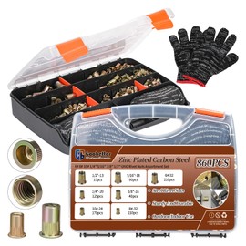 Rivet Nut Tool Kit, 860Pcs SAE Rivet Nuts Assortment Kit，1/2" 3/8" 5/16" 1/4" 10#-24 8#-32 6#-32 UNC Flat Head Threaded Insert Nuts, Zinc Plated Carbon Steel Nutsert