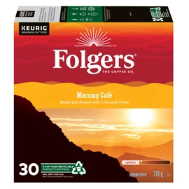 Folgers Morning Cafe Light Roast, Single-Serve K-Cup Pods For Keurig Coffee Makers, 30 Count