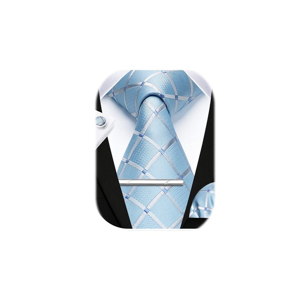 HISDERN Men's Baby Blue Plaid Tie Handkerchief Cufflink Tie Clip