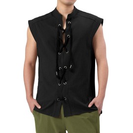 MO GOOD Mens Cosplay Tank Tops, Viking Sleeveless Shirts Pirate Medieval Vintage Gothic lace up Vest Cotton Costumes(Black,2XL)