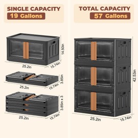 FAHKNS 3 Pack 19 Gallon Collapsible Storage Boxes, Lidded Storage Box with Door and Wheels for Clothes, Tools, Office Supplies, Large Folding Storage Box for Home, Black