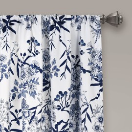 Lush Decor Botanical Garden Curtains Floral Bird Print Light Filtering Window Panel Drapes Set for Living, Dining, Bedroom (Pair), Navy, 52"W x 63L"