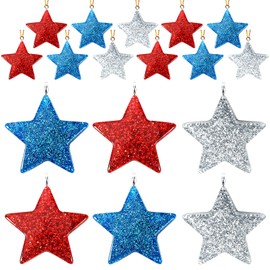 36PCS Mini Glitter Resin Star Ornaments Memorial Day Veterans Day Remembrance Day Hanging Decorations for Tree Blue Red and Silver Star Charms with String Resin Hanging Pendants