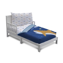 Delta Children 4 Piece Toddler Bedding Set for Boys - Reversible 2-in-1 Comforter - Includes Fitted Comforter to Keep Little Ones Snug, Bottom Sheet, Top Sheet, Pillow Case - Blue Shark, Marine Life