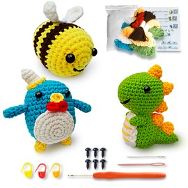 Crochet Kit for Beginners, Amigurumi Crocheting Animals Kits with Step-by-Step Video Tutorials- Penguin, Dinosaur or Bee, Knitting Starter Pack for Adults and Kids