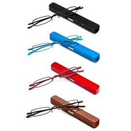 MMOWW Small Reading Glasses Men Women 4 Pairs Slim Pocket Readers with Pen Clip Metal Case Spring Hinge (Black/Blue/Red/Brown, +2.5)