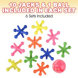 ArtCreativity Big Neon Jacks Game, 6 Sets, Each Set with 10 Plastic Jacks and 1 Marbleized Rubber Ball, Vintage Toys, Fun Activity for Kids, Birthday Party Favors for Boys and Girls